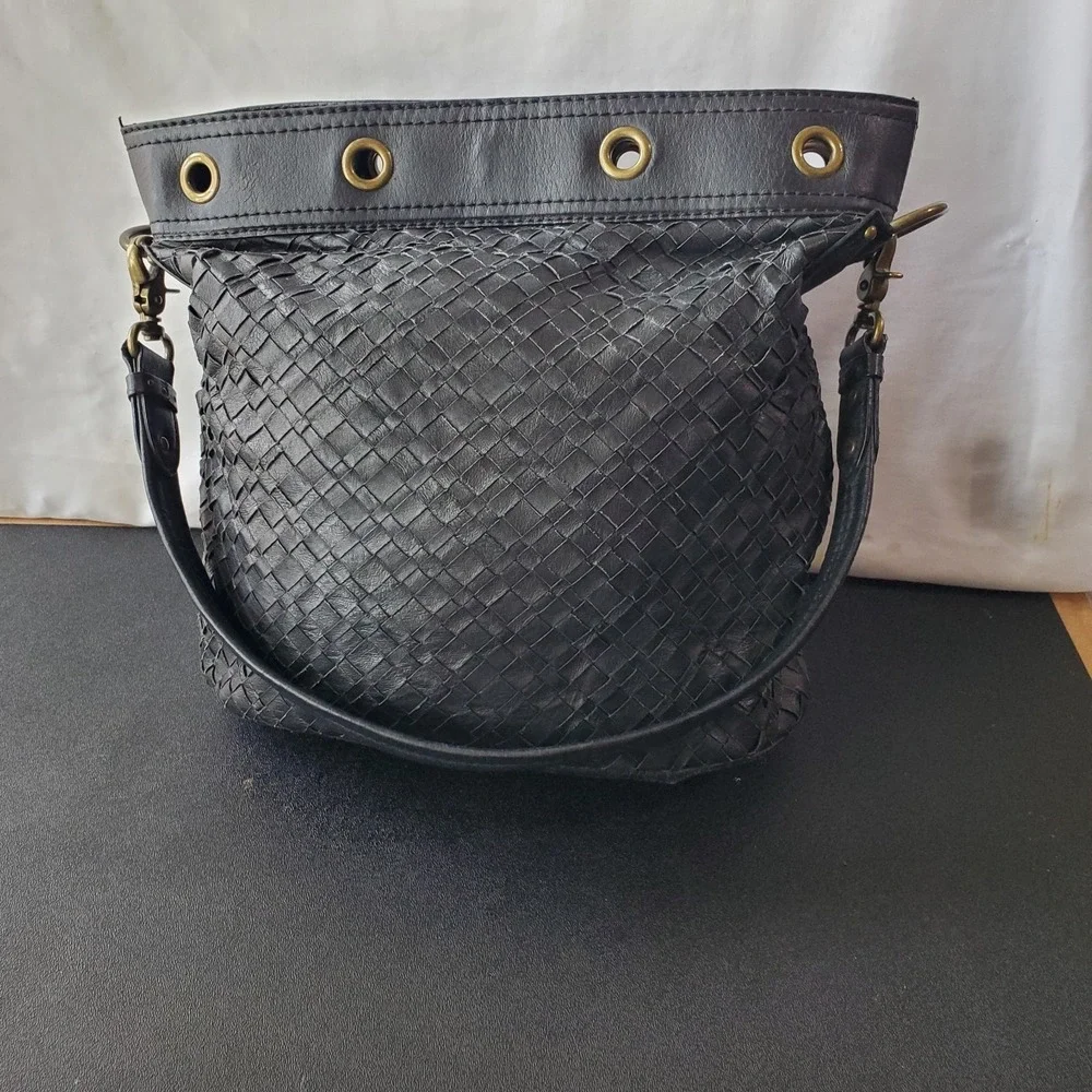 Elliott Lucca Black Leather Braided Bucket Tote Hobo Shoulder Bag Satchel Vtg‎
